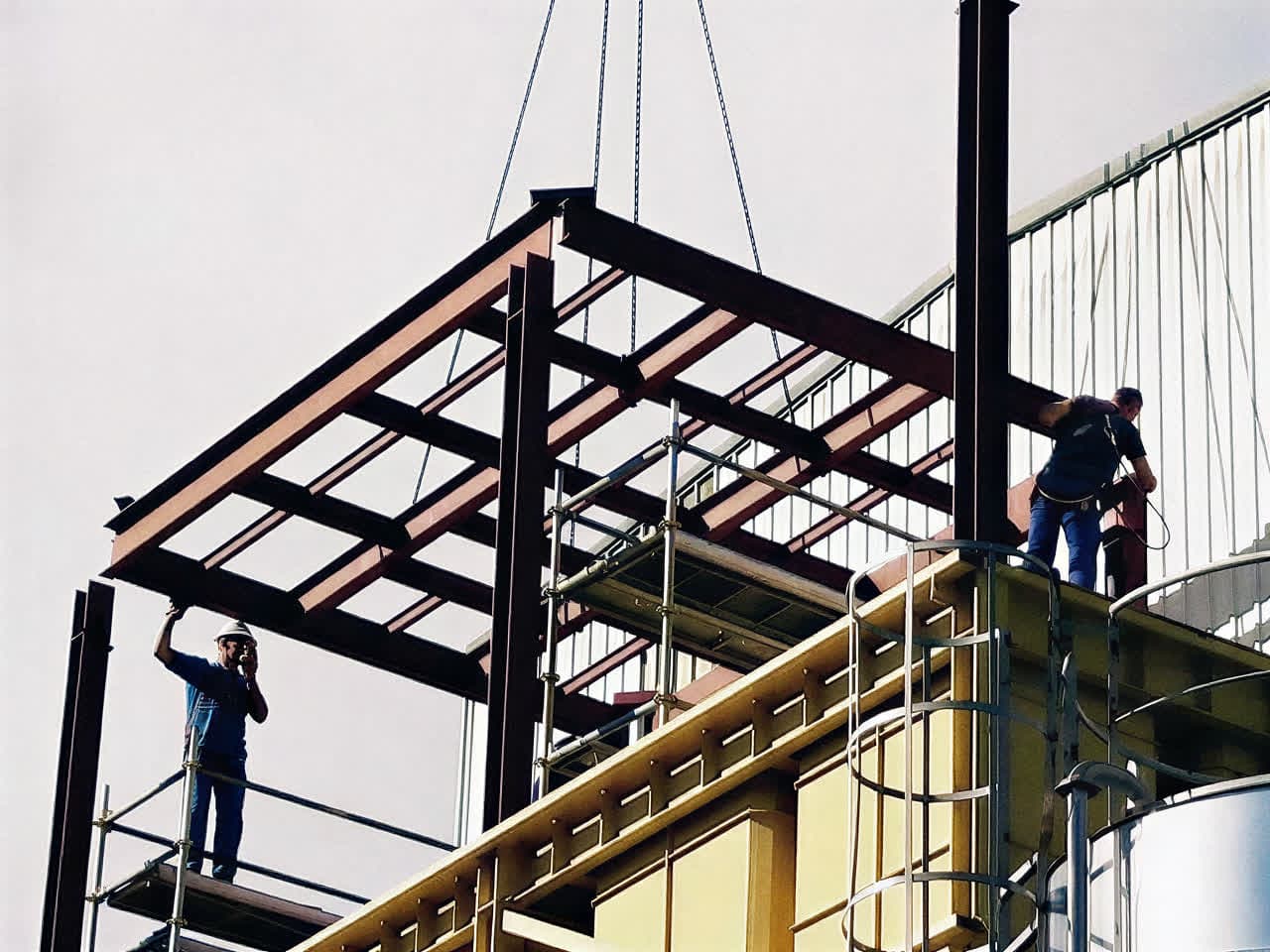Operarios de Carballo Metal montando una estructura metálica en obra en Pontevedra